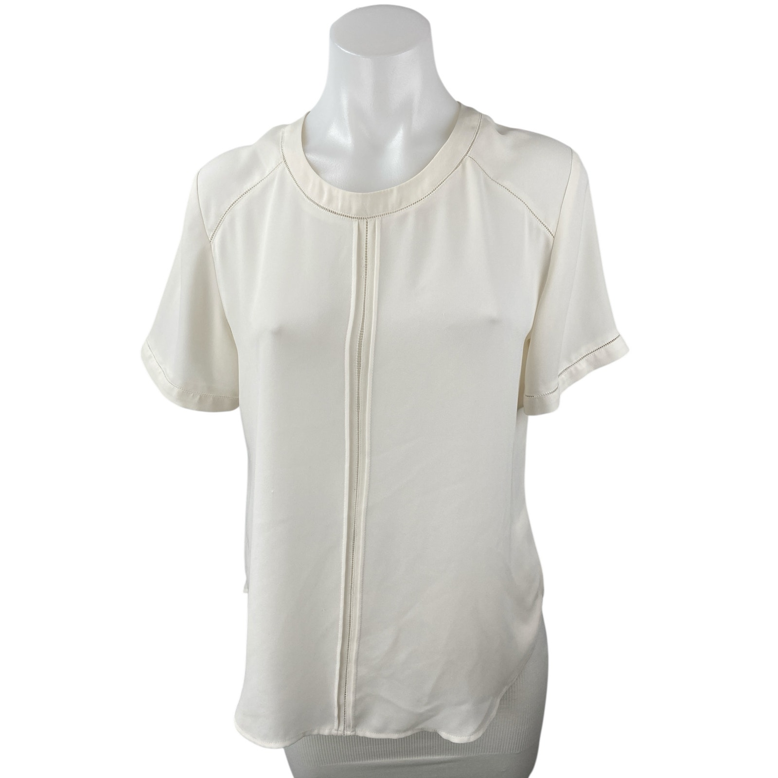 Ann Taylor Women's White Pintucked Short Sleeve Crew Neck Blouse Top Size S